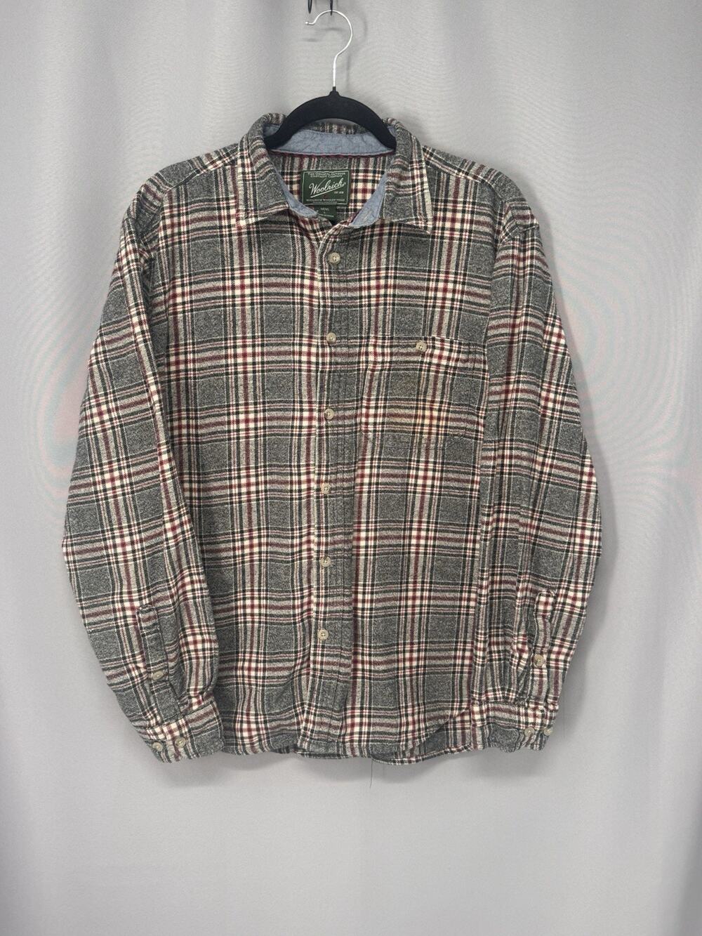 Woolrich Flannel Shirt Mens Large Gray Plaid Button Down 100% Organic Cotton